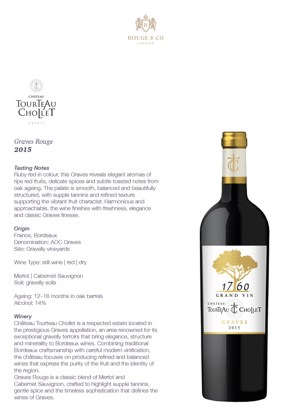 Red Wine Graves Rouge 2015-Chateau Tourteau Chollet