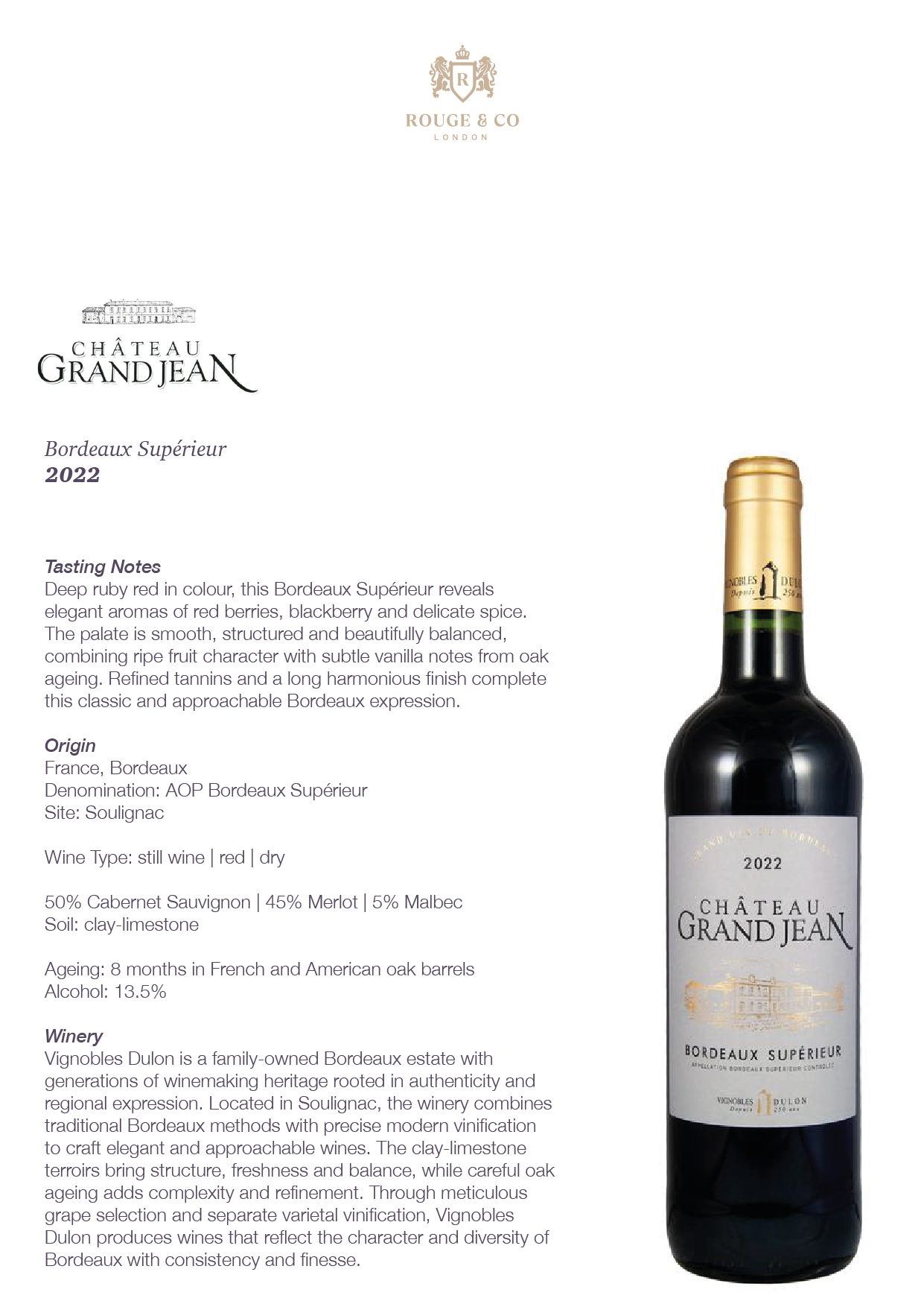 Red Wine Bordeaux Superieur 2022-Vignobles Dulon