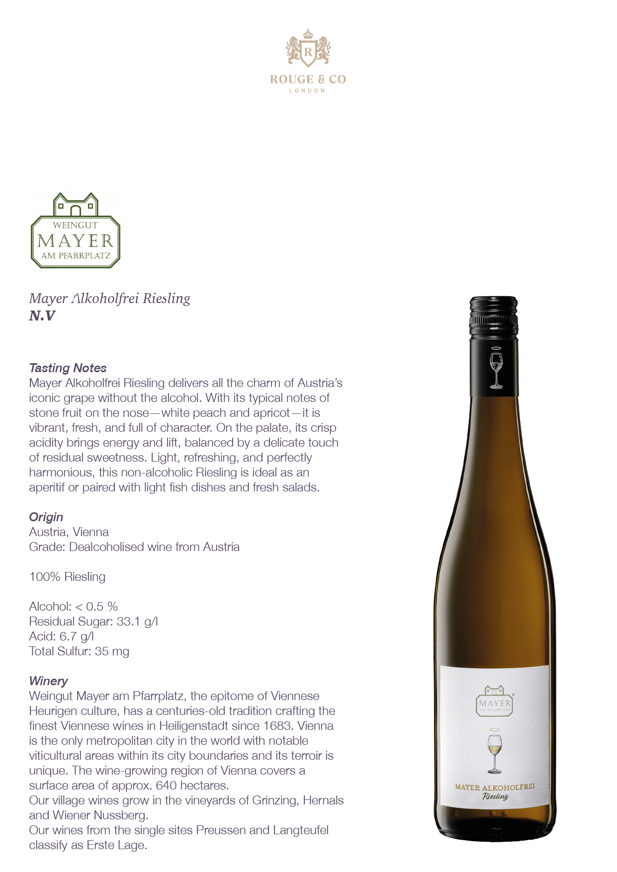 Alcohol-Free White Wine Riesling-Mayer AM Pfarrplatz