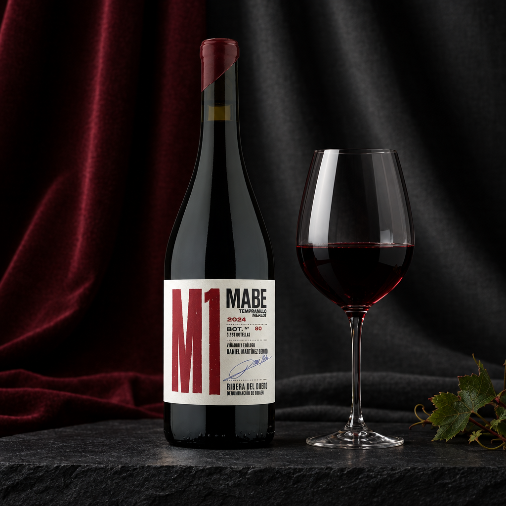 M1 by MABE bottle beside a glass of red wine
