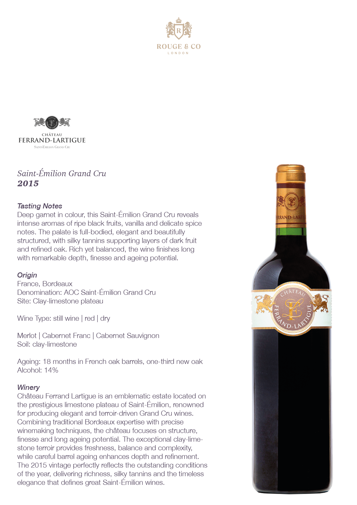 Red Wine Saint-Emilion Grand Cru 2015-Chateau Ferrand Lartigue
